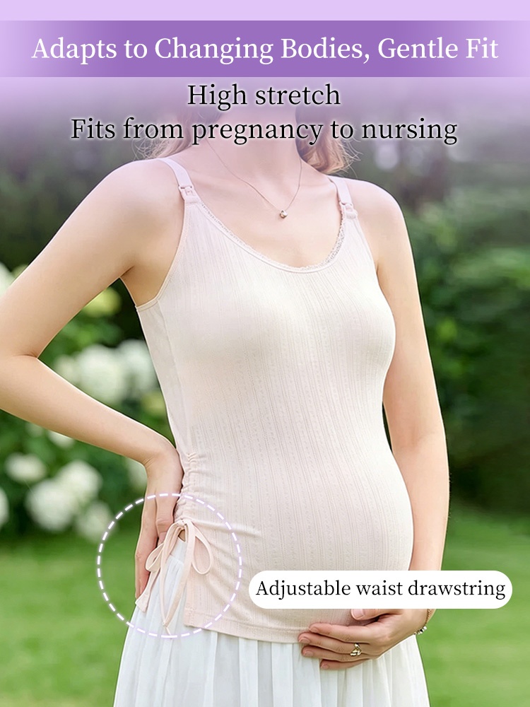 White ribbed nursing camisole side view showing stretch fit for pregnancy VEIMIA