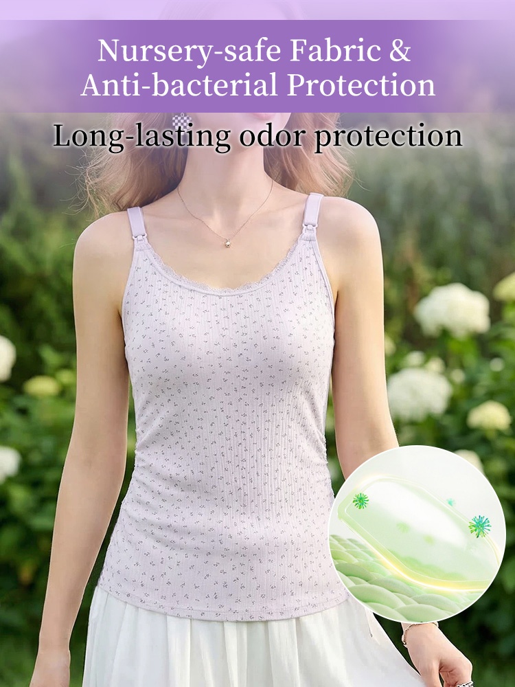 Pink ribbed nursing camisole worn by pregnant model for maternity comfort VEIMIA