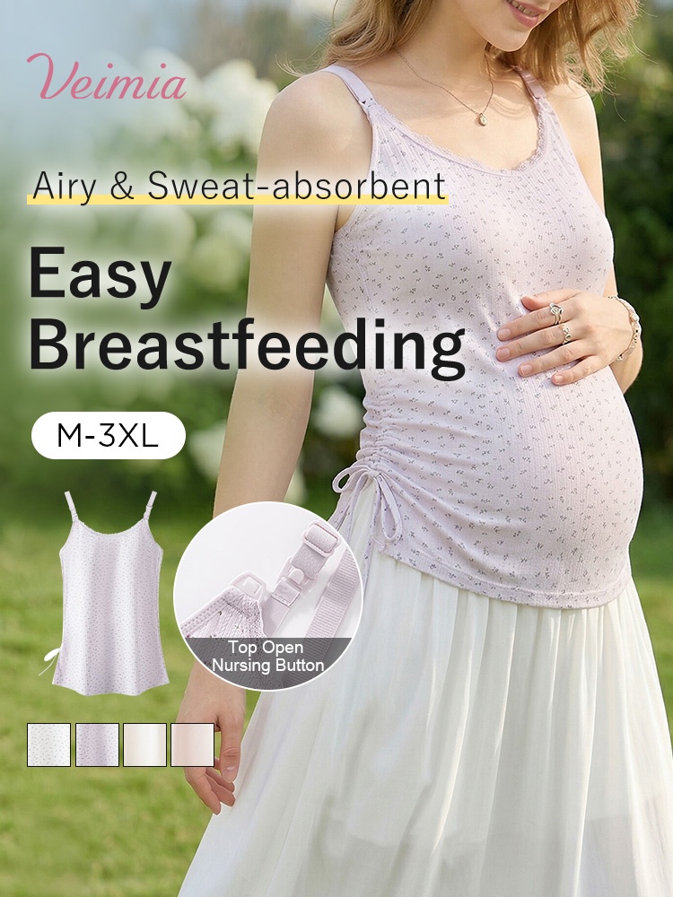 Light blue ribbed nursing camisole on pregnant model with easy-open top buttons VEIMIA