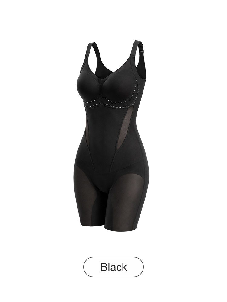 Black shaping bodysuit front view with built-in cups and side mesh panels VEIMIA