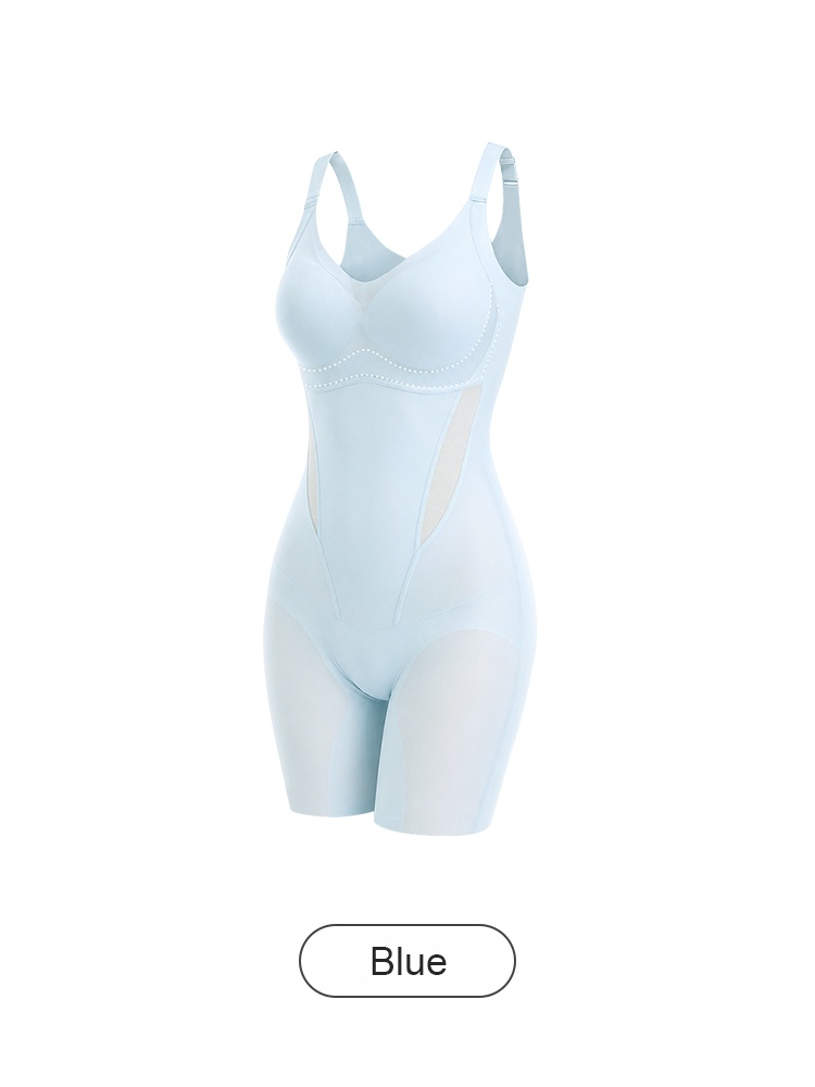 Light blue shaping bodysuit front view with built-in cups and side mesh panels VEIMIA