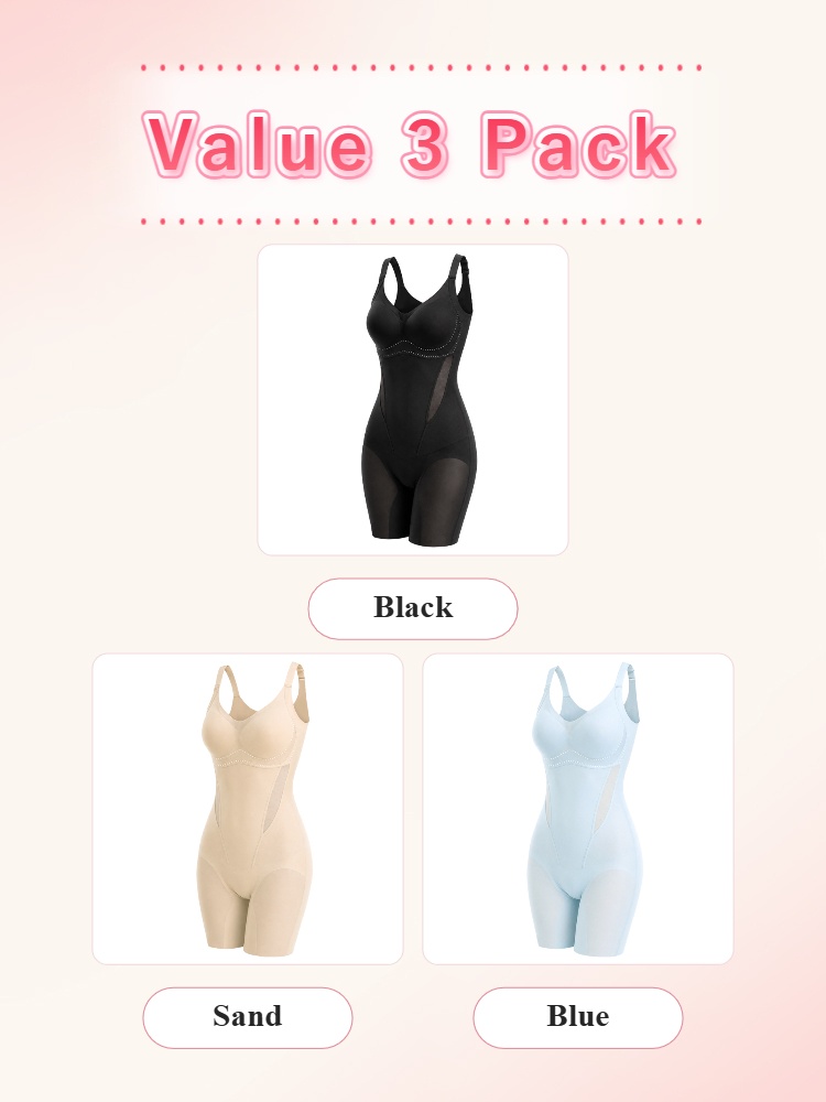 Value 3 pack shaping bodysuits in black sand and light blue VEIMIA