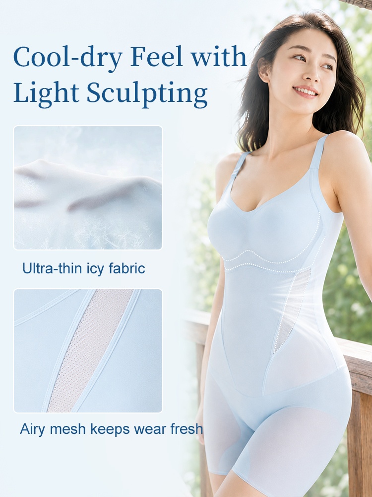 Feature graphic showing light blue shaping bodysuit with thin fabric and side mesh VEIMIA