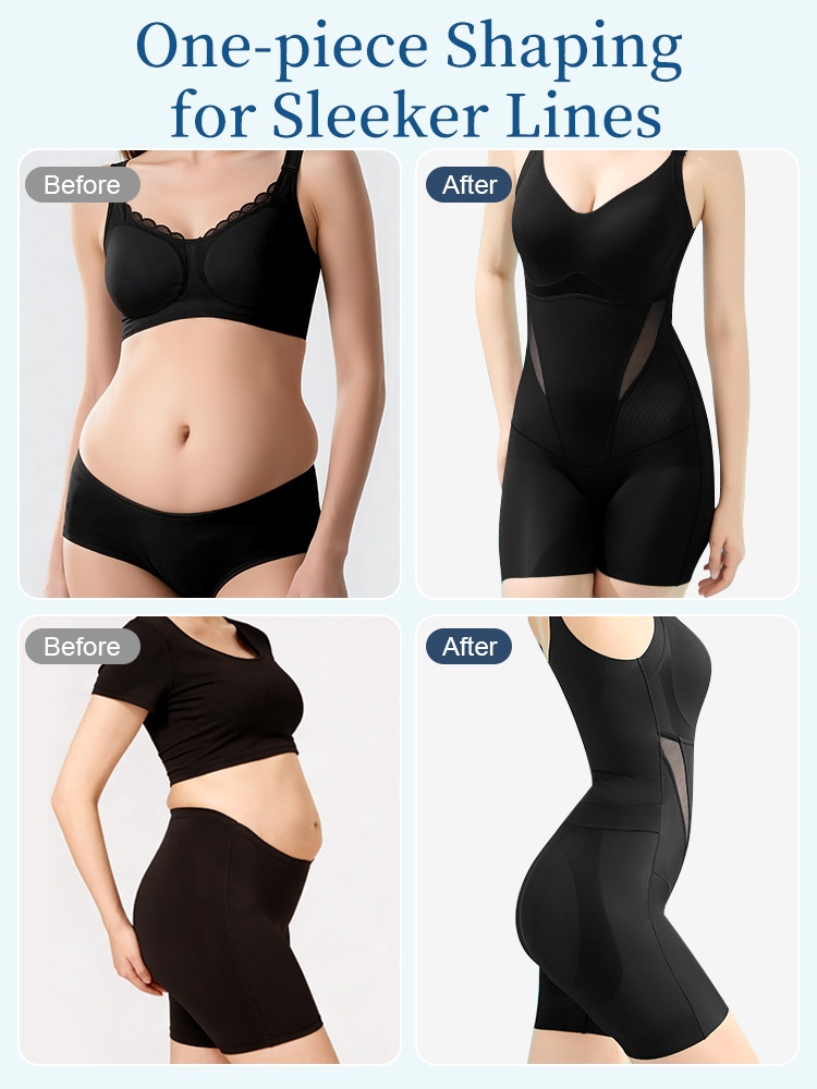 Before and after comparison showing black one-piece shaping bodysuit front and side views VEIMIA