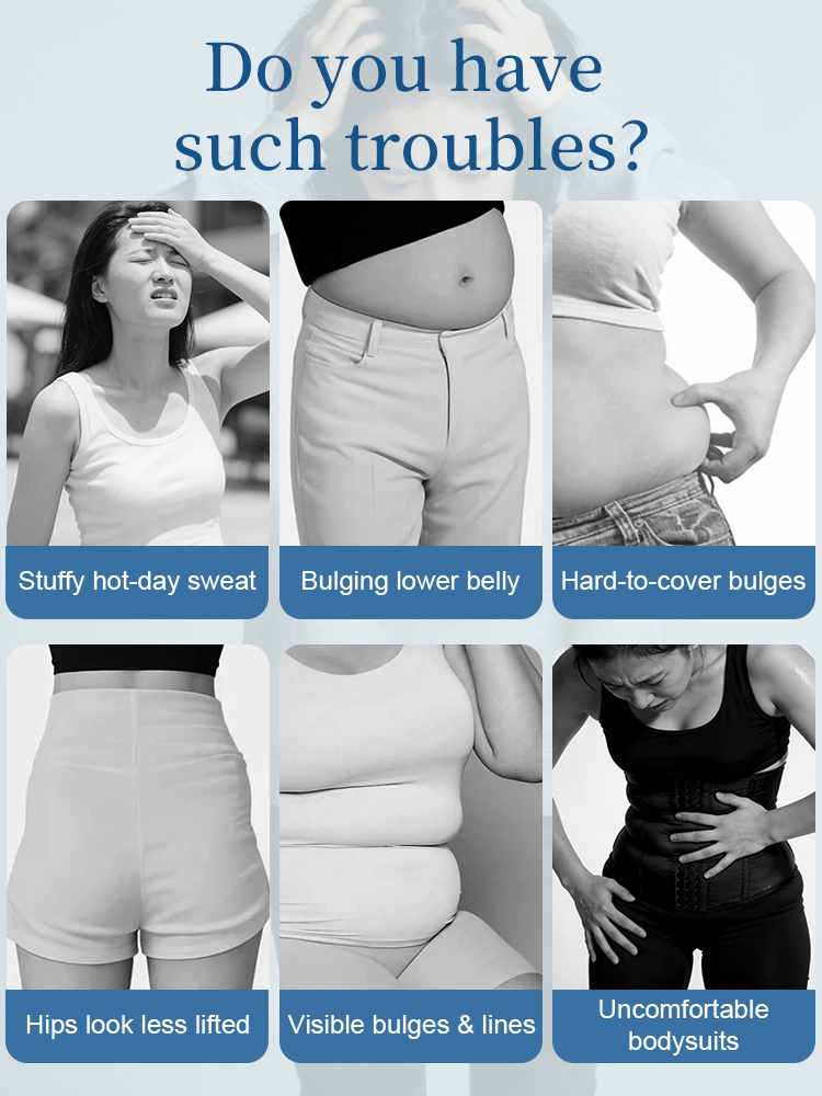 Problem graphic showing heat discomfort and visible bulges before wearing shapewear VEIMIA