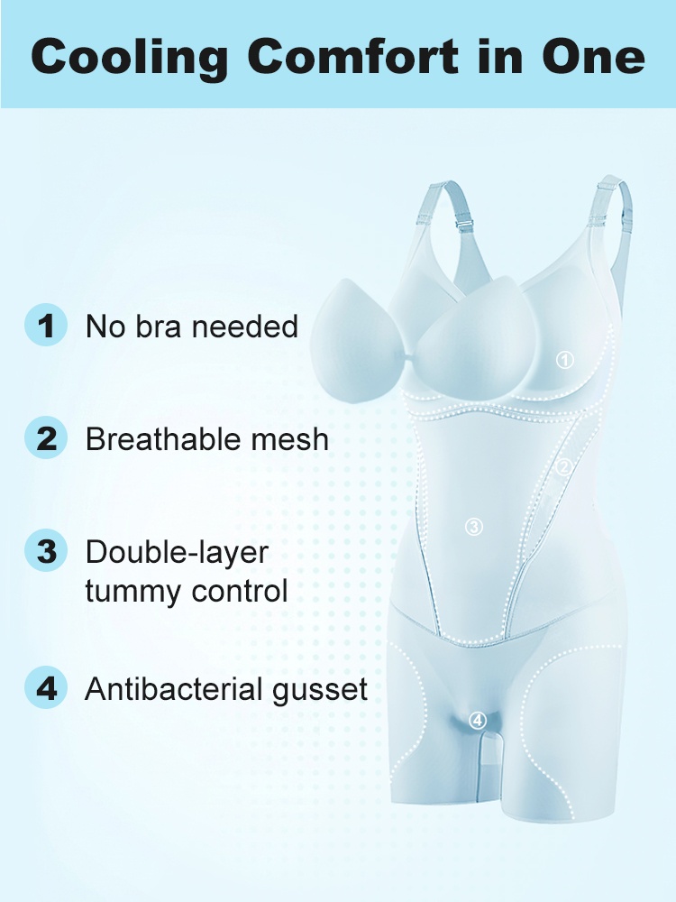 Feature graphic showing built-in cup support breathable mesh and tummy panel VEIMIA