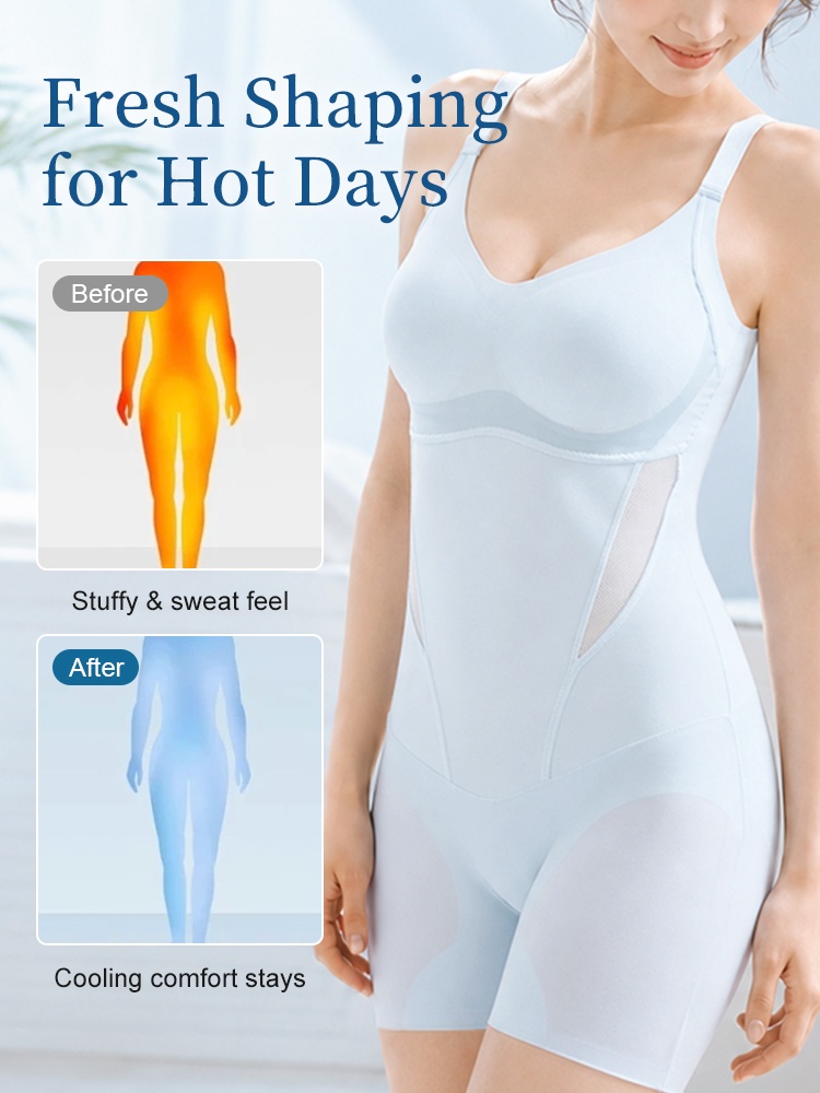 Feature comparison showing cooling comfort with light blue shaping bodysuit VEIMIA