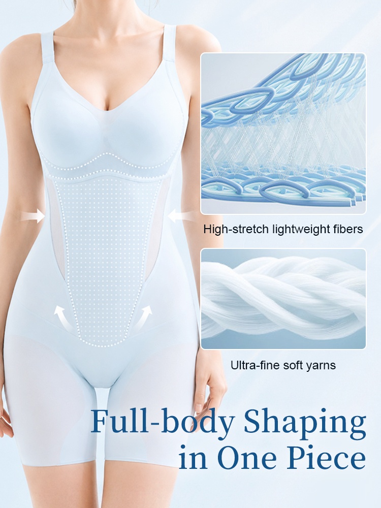 Feature graphic showing stretch fibers and full-body shaping panels on blue bodysuit VEIMIA