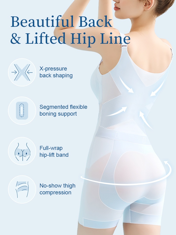 Back view of light blue shaping bodysuit with crossed support panels VEIMIA