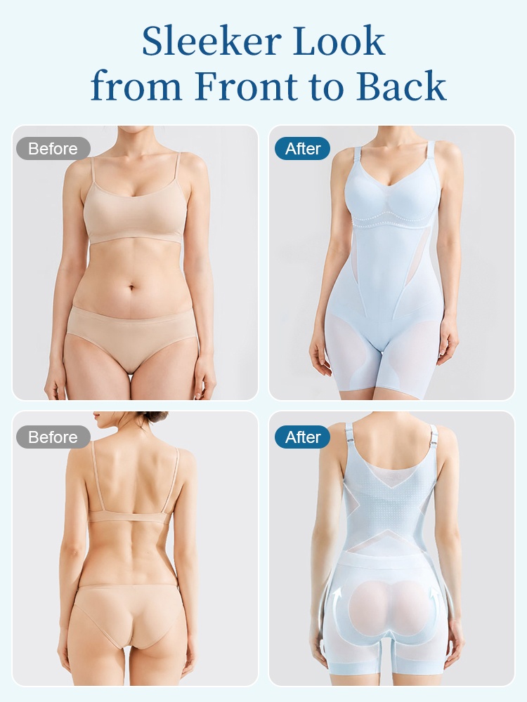 Before and after comparison showing front and back shaping bodysuit fit VEIMIA