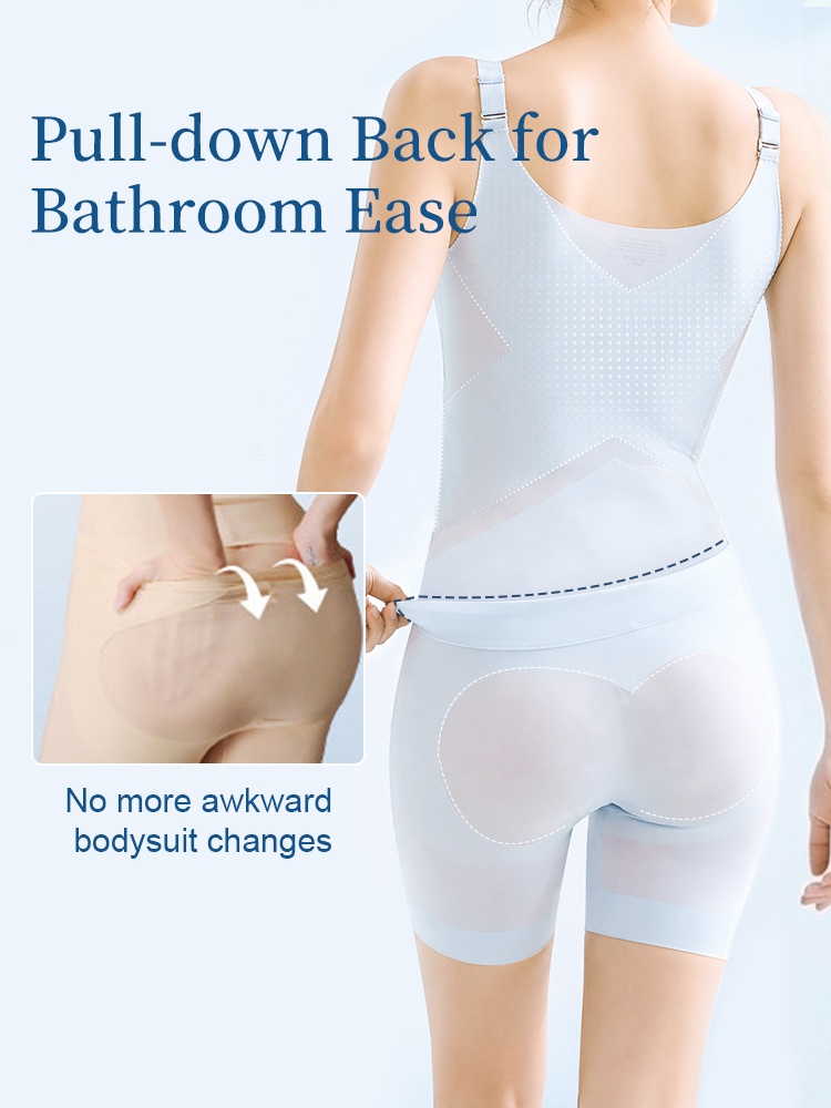 Back view of light blue shaping bodysuit with flexible pull-down waistband VEIMIA
