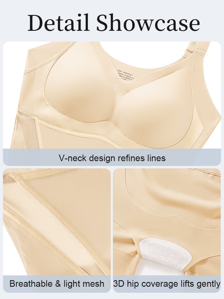 Detail view of V-neck cups side mesh and shaped hip panels VEIMIA