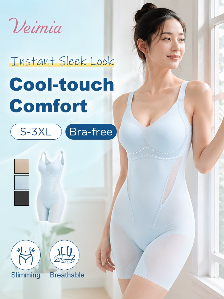 Model wearing light blue shaping bodysuit with built-in cups and side mesh panels VEIMIA