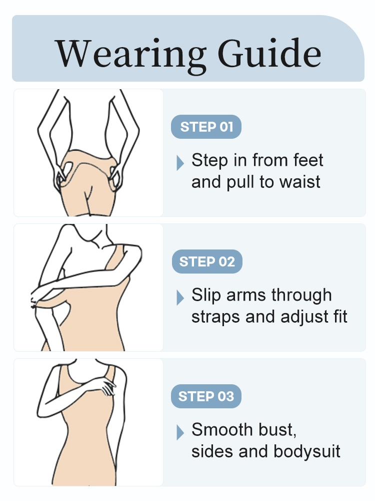 Three-step wearing guide for pulling on and adjusting shaping bodysuit VEIMIA