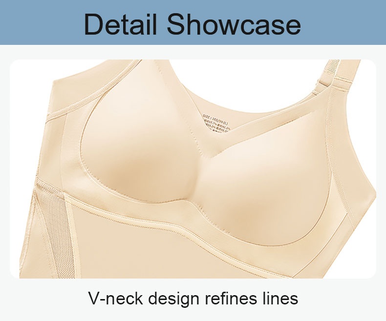 Close-up of sand shaping bodysuit V-neck cups and underbust support VEIMIA
