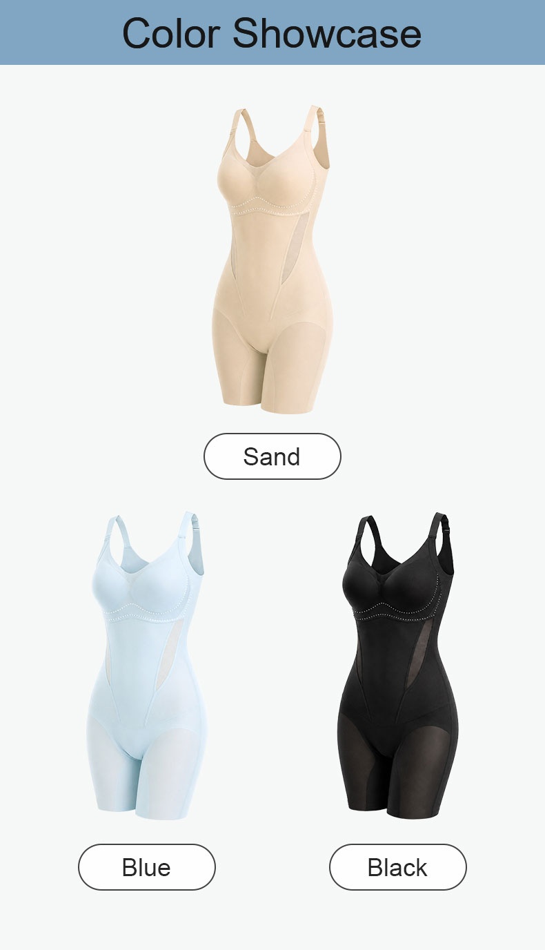 Color showcase of sand light blue and black shaping bodysuits VEIMIA
