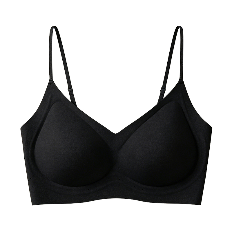 Black seamless spaghetti strap bra front view with molded cups VEIMIA