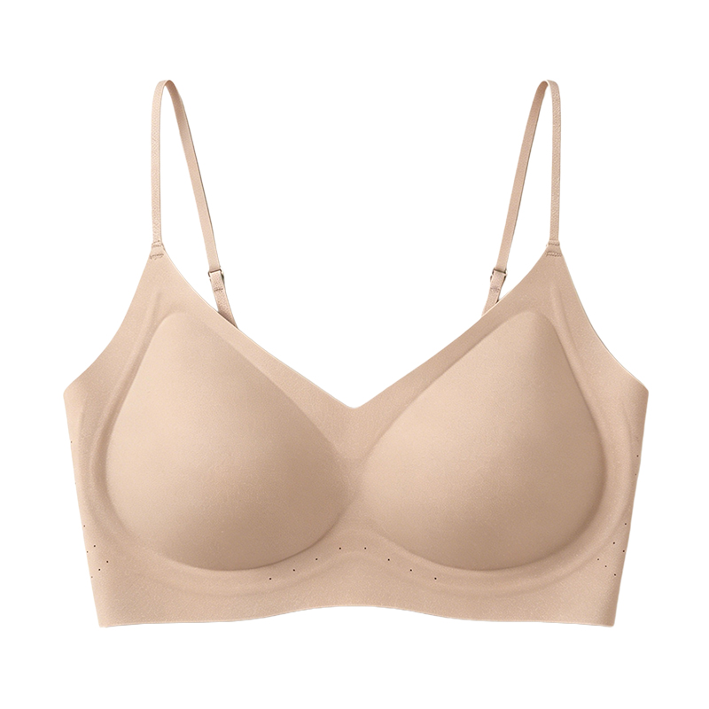 Beige seamless spaghetti strap bra front view with molded cups VEIMIA