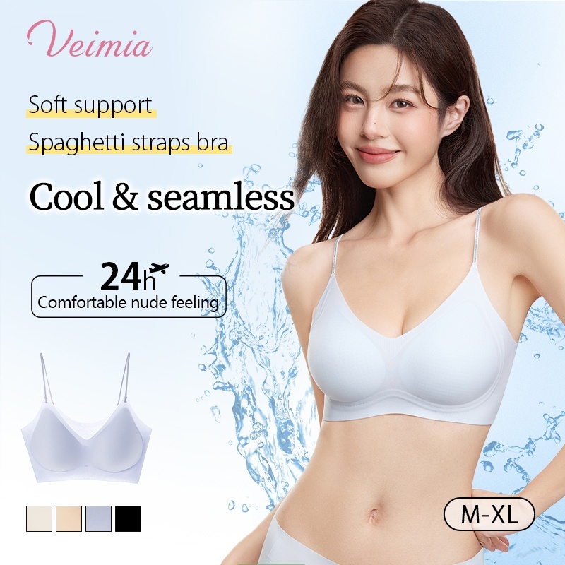 VEIMIA Cooling Seamless Bra Refreshing Summer, Nude Feeling Soft Support Invisible Spaghetti Straps Bra