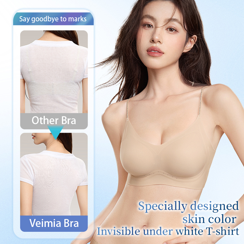 Light blue seamless bra shown with ice cubes for 10D ice skin ultra thin cooling feel VEIMIA