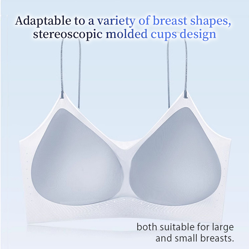 Model wearing pale yellow seamless bra showing stable soft support level and thin straps VEIMIA