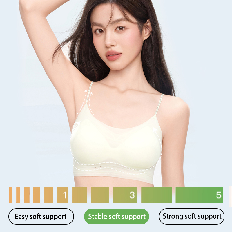 Seamless bra detail collage showing higher side wings semi-fixed cups breathable mesh and tag-free fabric VEIMIA