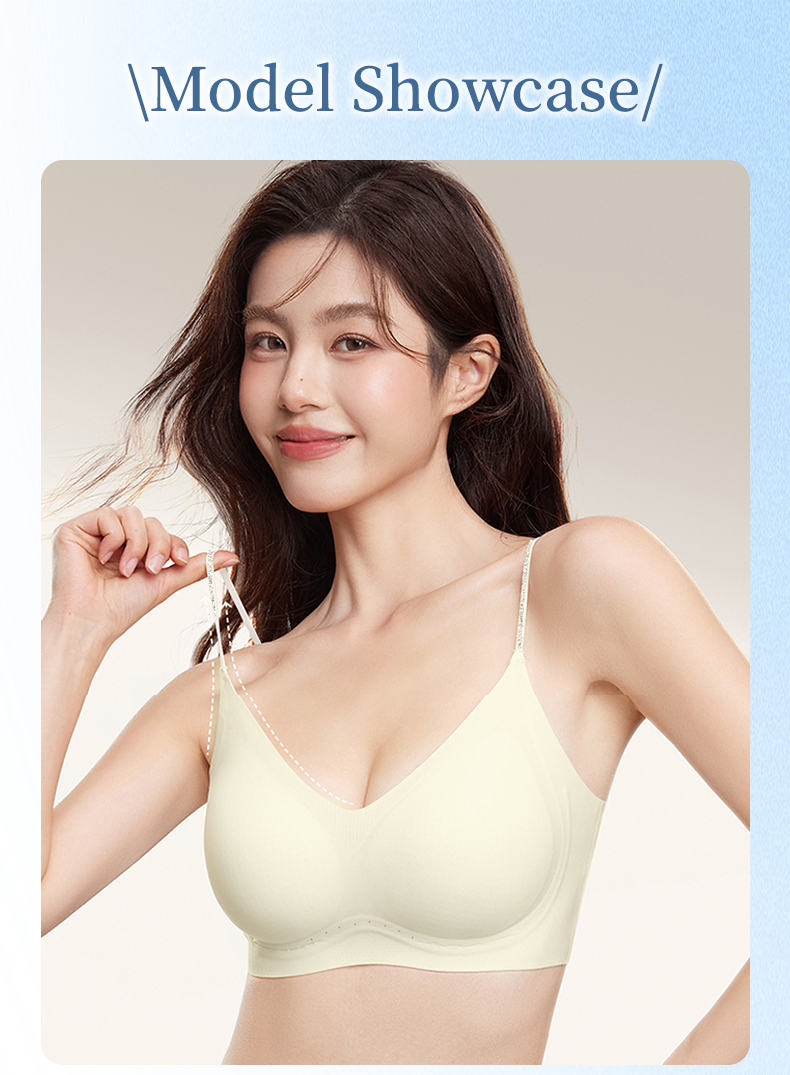 Model showcase wearing black seamless spaghetti strap bra VEIMIA