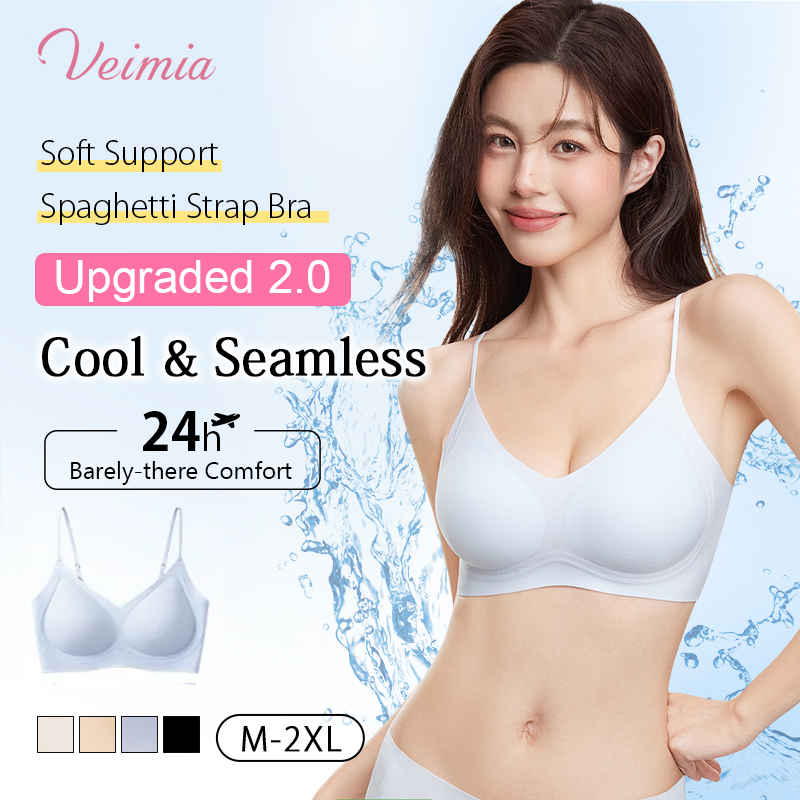 VEIMIA Cooling Seamless Bra Refreshing Summer, Nude Feeling Soft Support Invisible Spaghetti Straps Bra