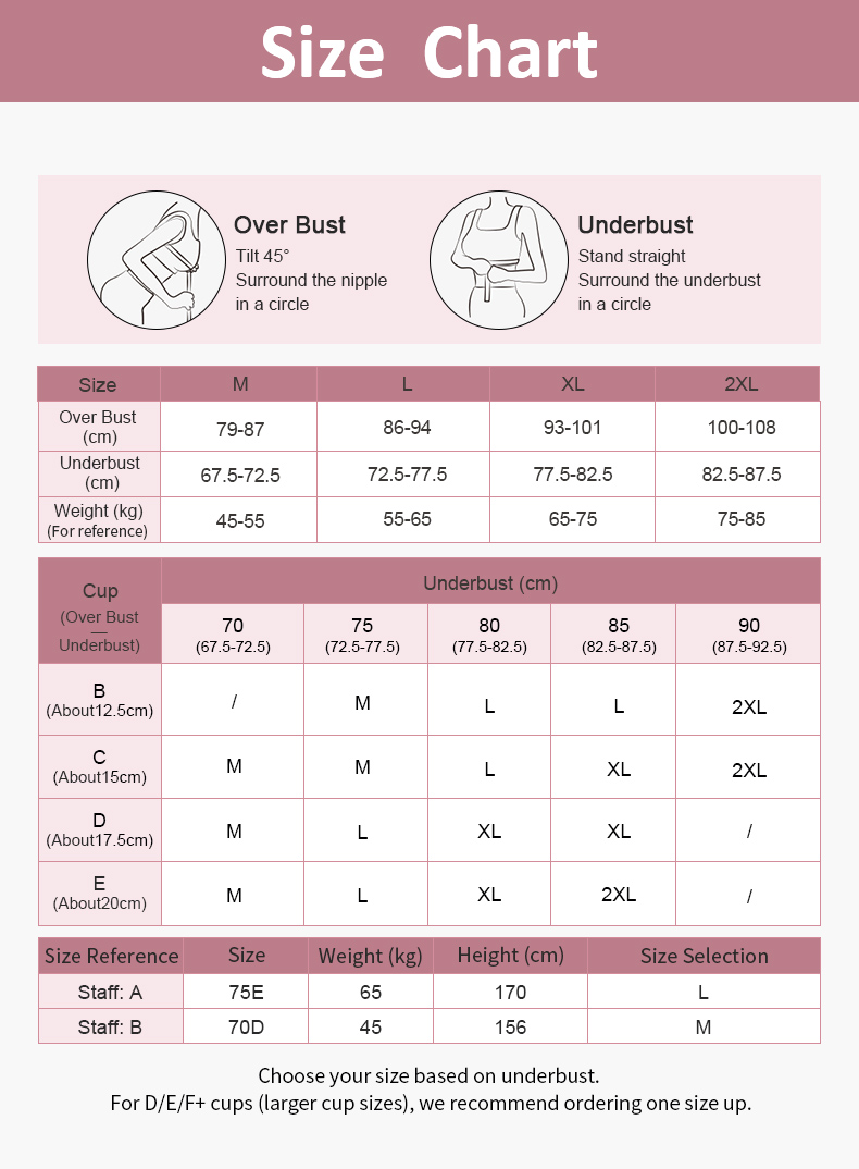 Seamless bra size chart with over bust underbust cup and weight reference measurements VEIMIA