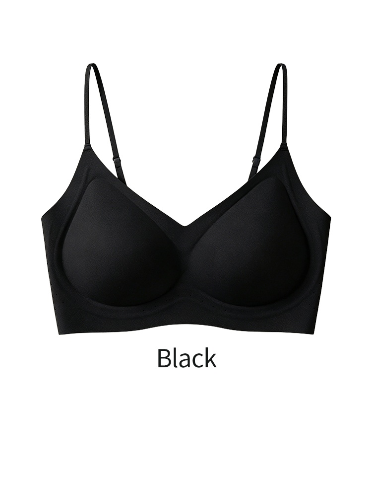 Black seamless wireless spaghetti straps bra front product view VEIMIA