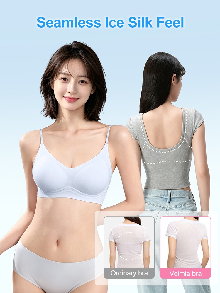 Seamless ice silk feel bra on model with smooth back comparison under clothes VEIMIA