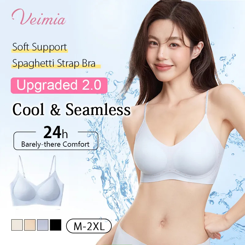 Cooling Seamless Bra Refreshing Summer, Nude Feeling Soft Support Invisible Spaghetti Straps Bra VEIMIA 