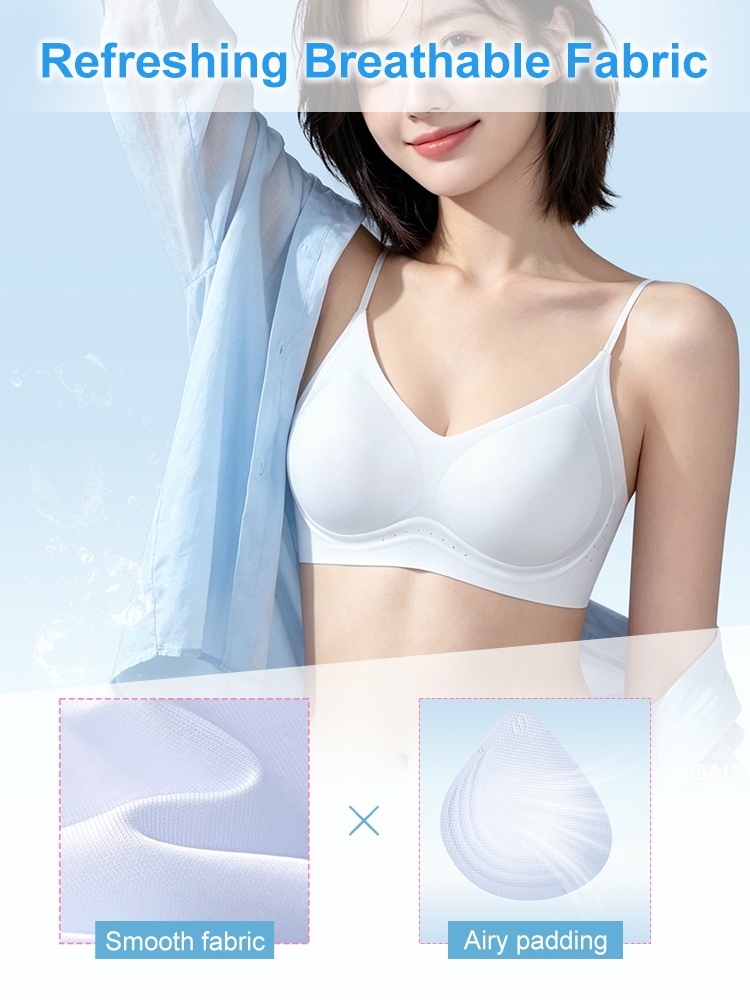 Refreshing breathable fabric bra on model with smooth fabric and airy padding closeups VEIMIA