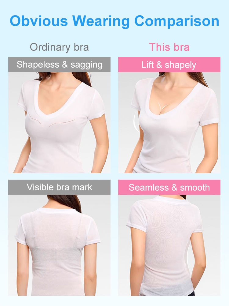 Wearing comparison showing ordinary bra marks and sagging versus seamless smooth lift effect VEIMIA