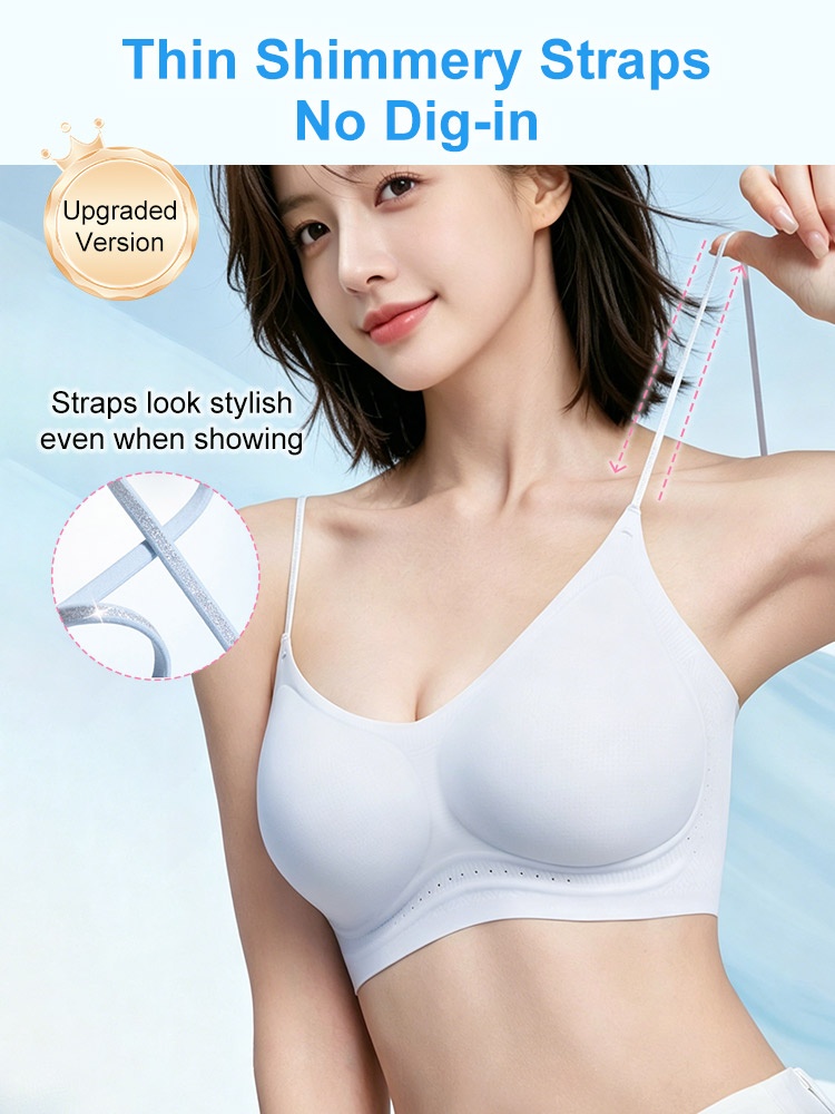 Thin shimmery straps seamless bra on model showing no dig in adjustable shoulder straps VEIMIA