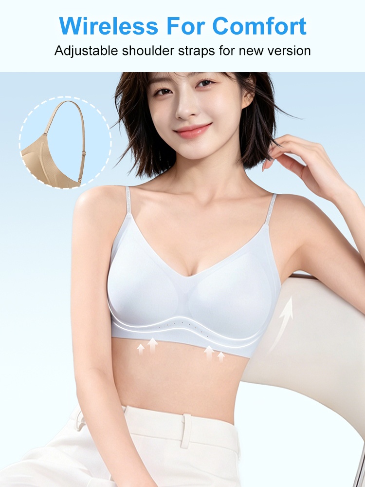 Wireless comfort seamless bra on model with adjustable shoulder strap detail and supportive underband VEIMIA