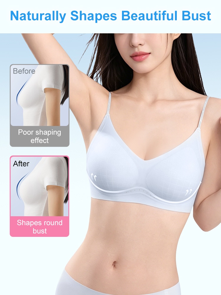 Seamless bra shaping effect on model with before and after bust support comparison VEIMIA