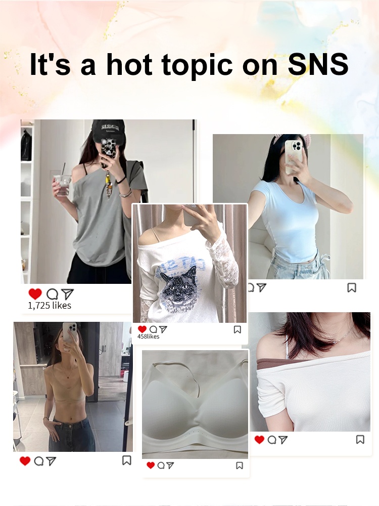 Social media style collage showing seamless bra worn under off shoulder and fitted tops VEIMIA