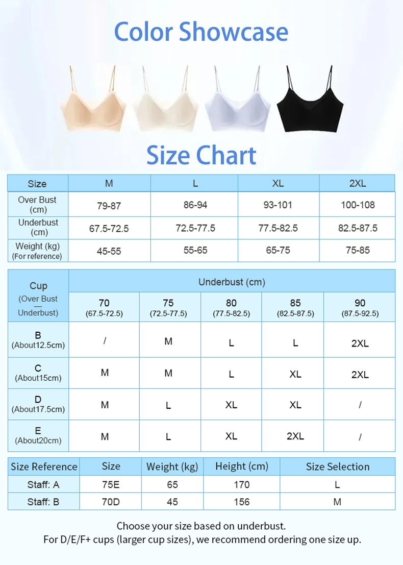 Color showcase and size chart for seamless spaghetti strap bra in beige white blue and black VEIMIA