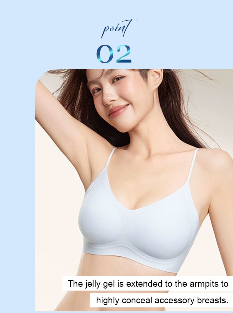 Model wearing light blue seamless bra with raised arm showing jelly gel extended to the armpit VEIMIA