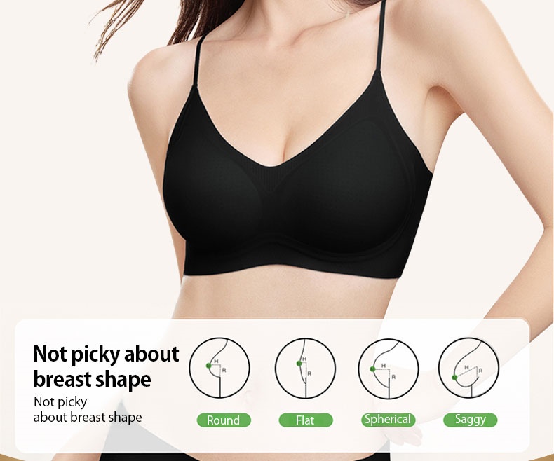 Model wearing black seamless bra with fit guide for round flat spherical and saggy breast shapes VEIMIA