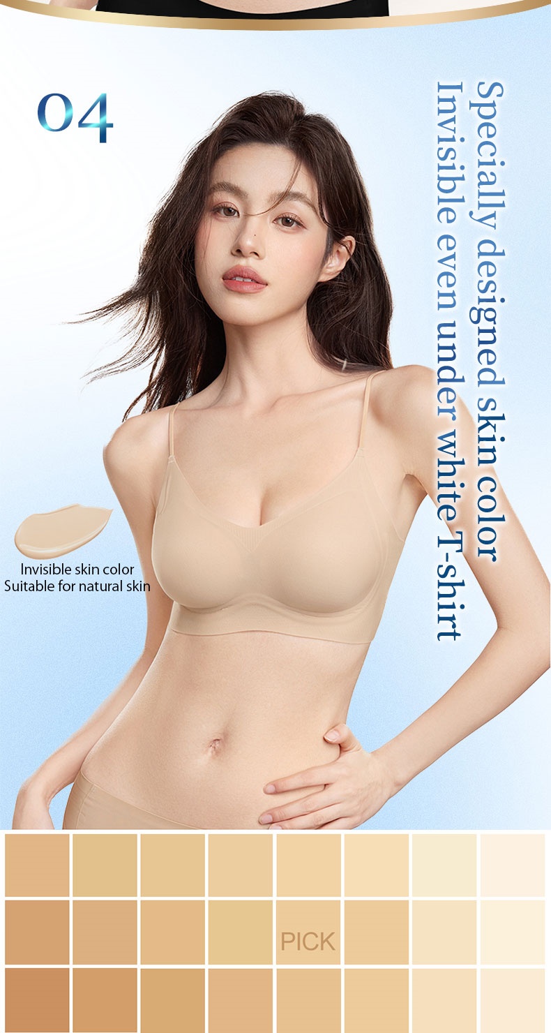 Model wearing skin color seamless bra with invisible under white T-shirt claim and skin tone chart VEIMIA
