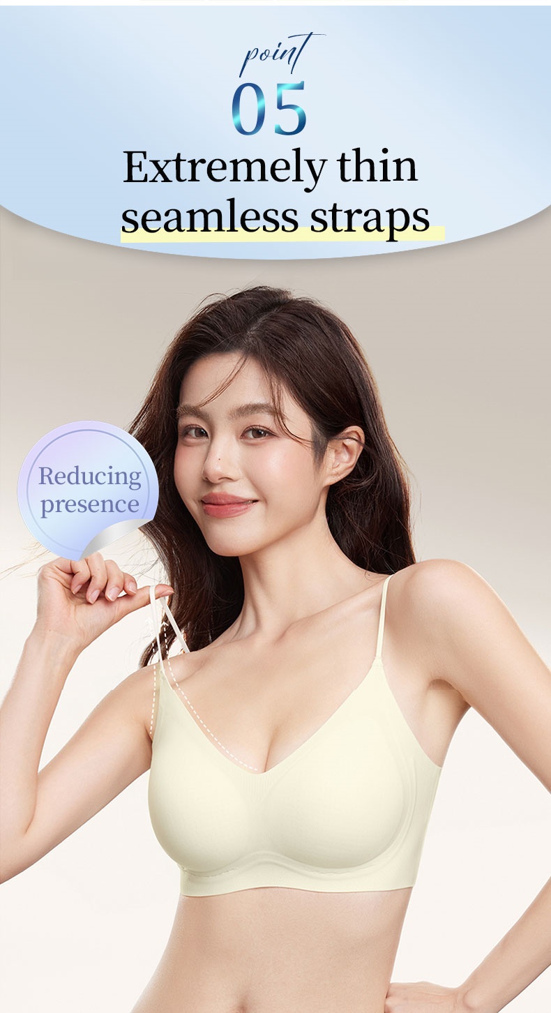 Model wearing pale yellow seamless bra showing extremely thin spaghetti straps VEIMIA