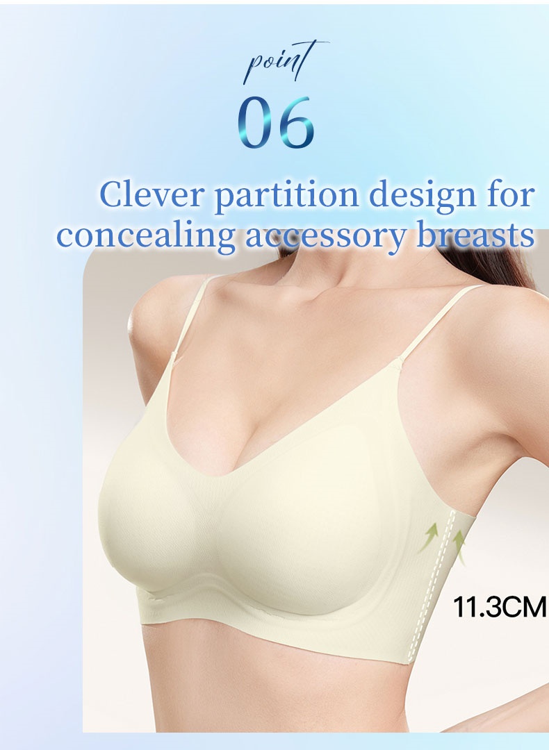 Side view of pale yellow seamless bra with 11.3 cm panel for concealing accessory breasts VEIMIA