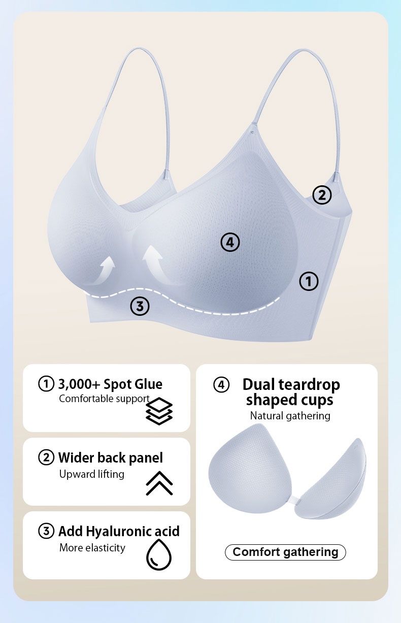 Light blue seamless bra feature diagram with spot glue wider back panel hyaluronic acid and teardrop cups VEIMIA