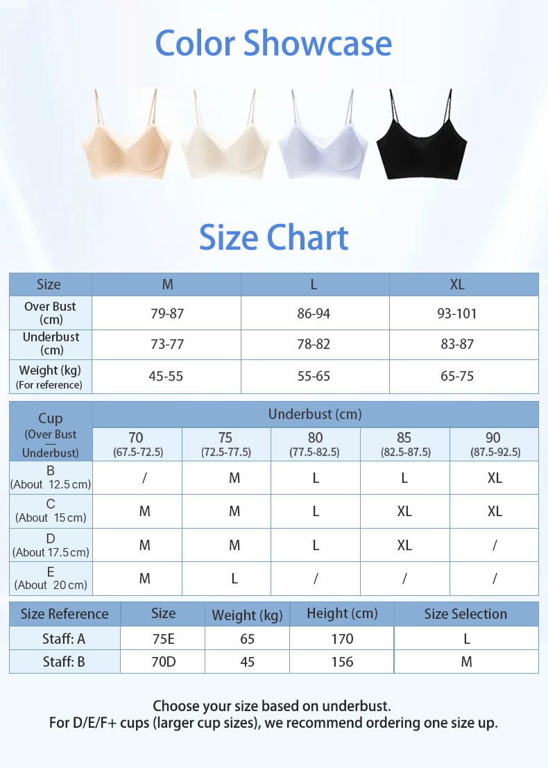 Color showcase and size chart for seamless spaghetti strap bra in beige white blue and black VEIMIA