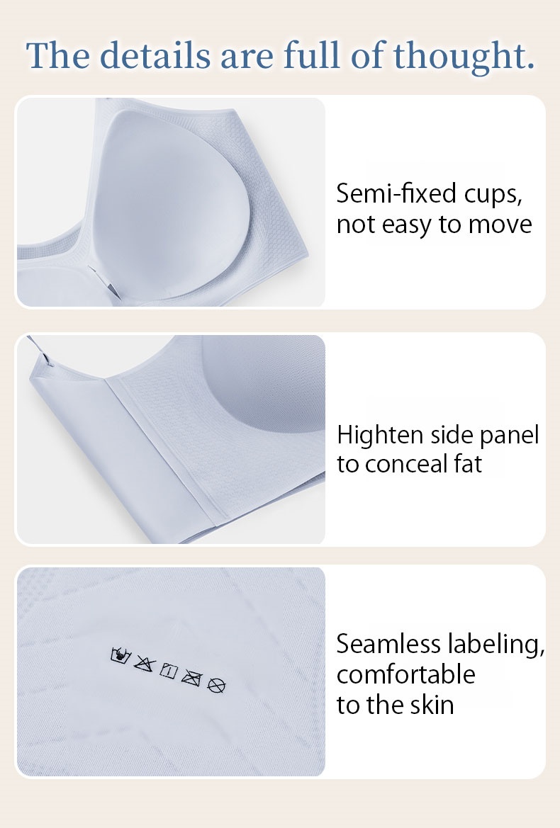 Seamless bra detail collage showing semi-fixed cups higher side panel and comfortable printed label VEIMIA