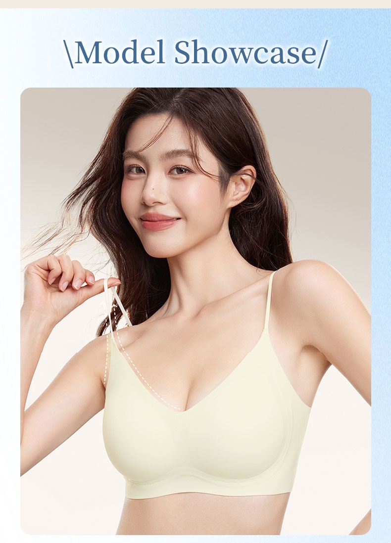 Model showcase wearing pale yellow seamless spaghetti strap bra VEIMIA