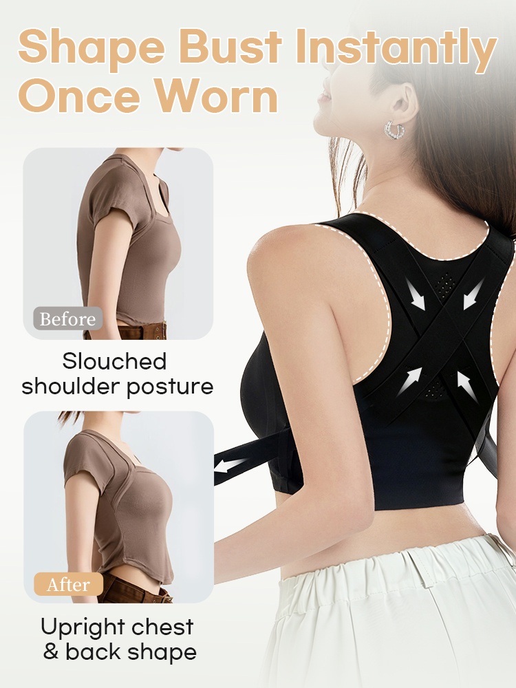 Feature graphic showing bust support and posture comparison with black bra VEIMIA