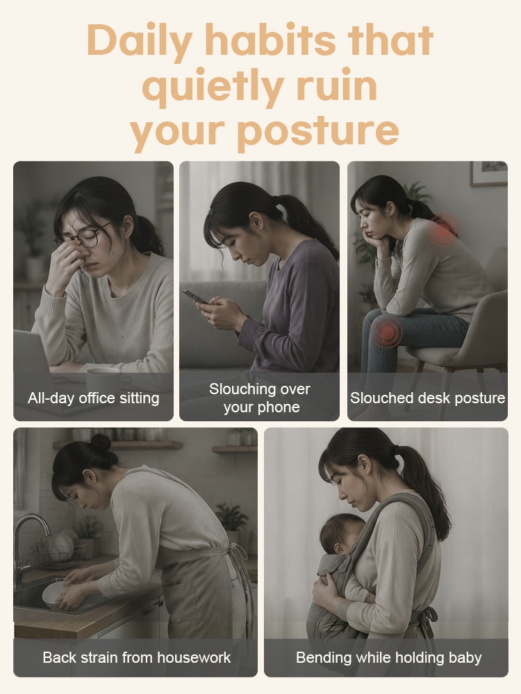 Lifestyle graphic showing daily habits that affect shoulder and back posture VEIMIA